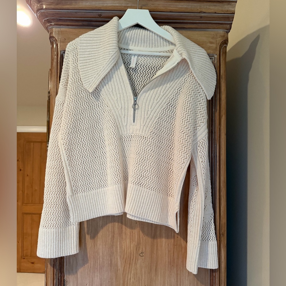 Anthropologie Cream Zip-Collar Open Knit Sweater